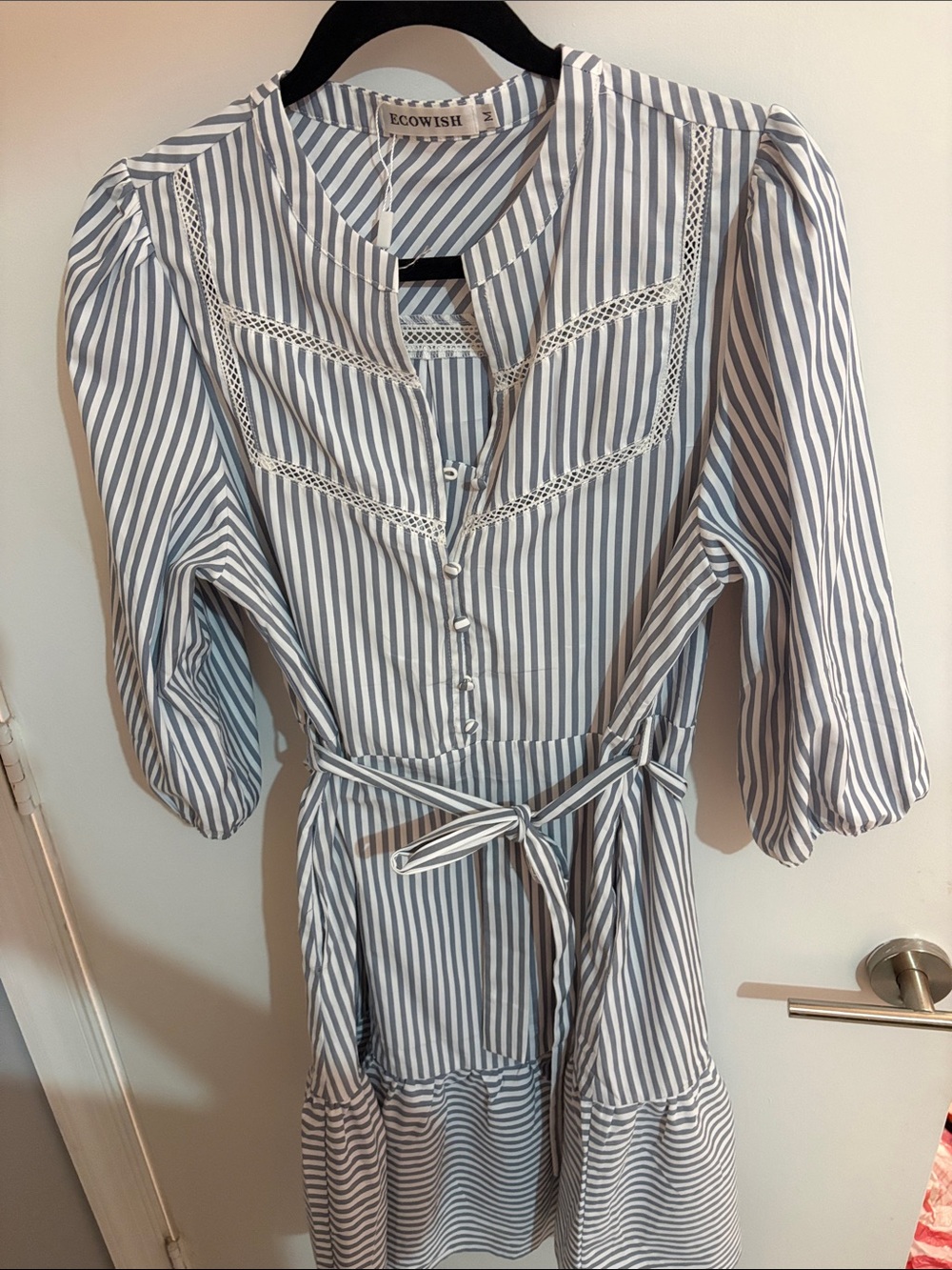 ECOWISH Blue & White Striped Tie-Waist Midi Dress